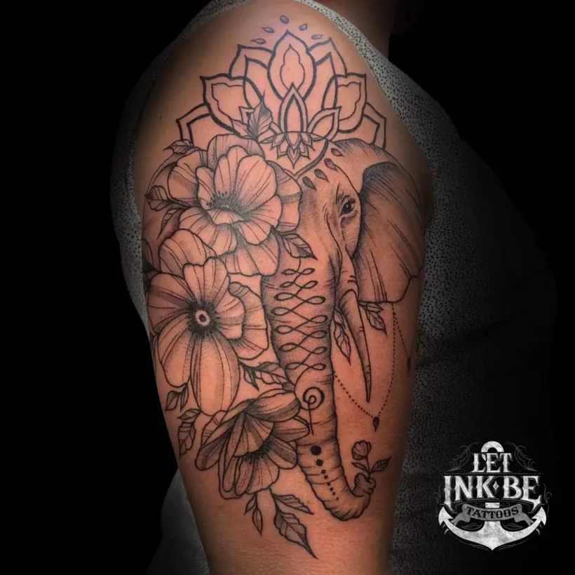 black and grey tattoo olifant mandala