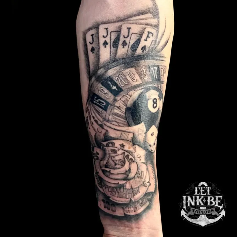 black and grey tattoo casino sleeve